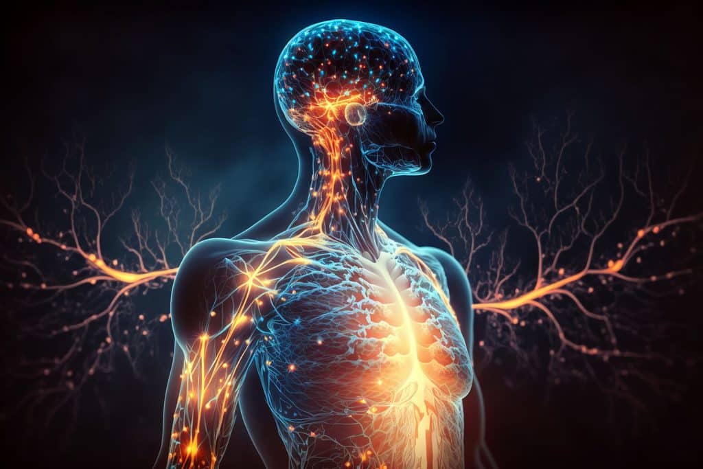 Human body with glowing neurons visualization.